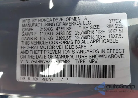 2022 Honda Cr-V Awd Ex-L z USA, uszkodzony, nr VIN 7FARW2H87NE039483